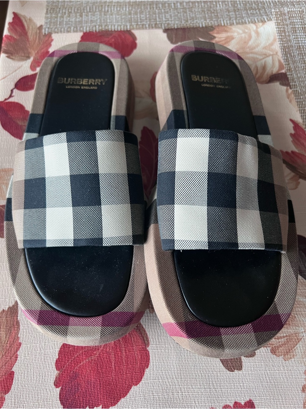 Burberry Plaid Slide Mules in Black, Beige and Pink